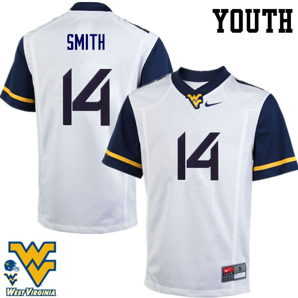 Youth #14 Collin Smith West Virginia Mountaineers College Football Jerseys-White - Click Image to Close